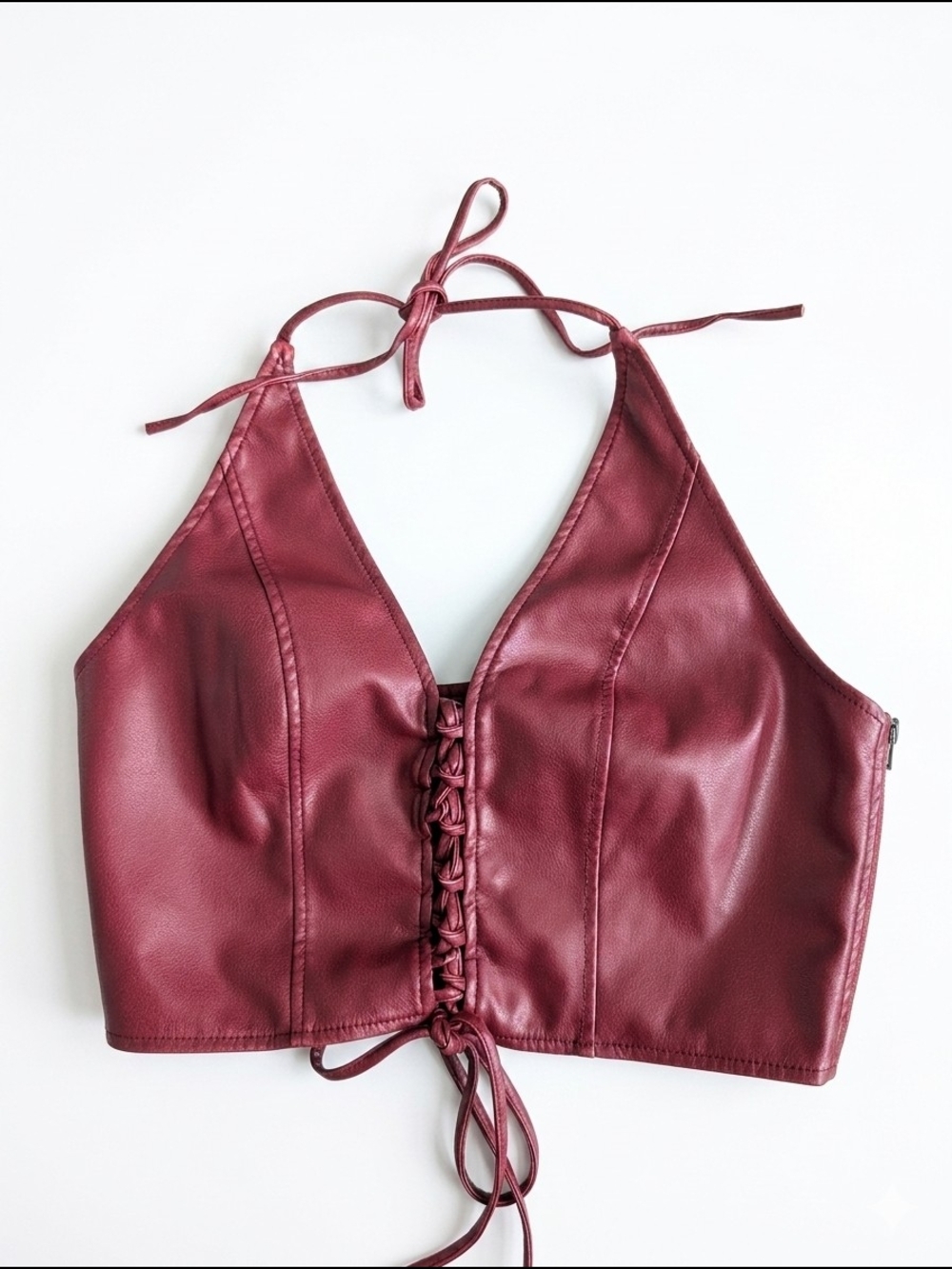 Silence + Noise Burgundy Faux Leather Lace Up Halter Top Crop Tank Size L
